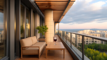 Obraz premium Modern skyscraper penthouse balcony with glass railing, wooden furniture, cityscape view, and sunset ambiance, peaceful and inviting