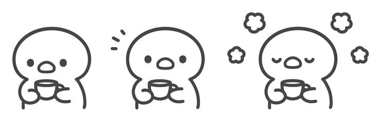 カップを持つひよこの手書き線画イラストセット  ほっと一息つく  休憩 © Nitomaru