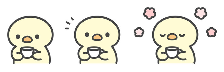 カップを持つひよこの手書きイラスト セット ほっと一息つく  休憩 © Nitomaru