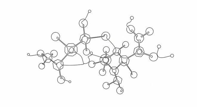 Abstract molecular structure with interconnected atoms and bonds, depicted in a minimalist line art style with a clean white background, representing science and chemistry.