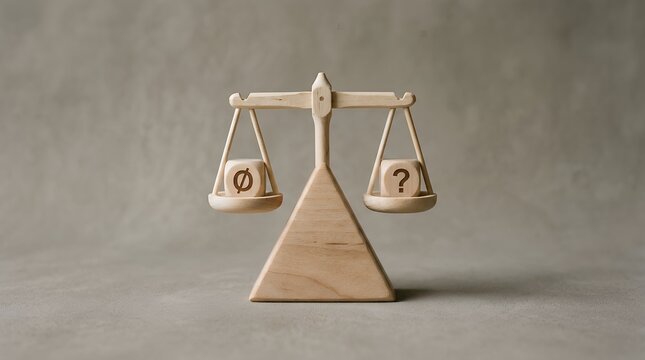 A wooden balance scale is shown with a block displaying a zero symbol on one side and a block with a question mark on the other against a textured neutral surface measurement