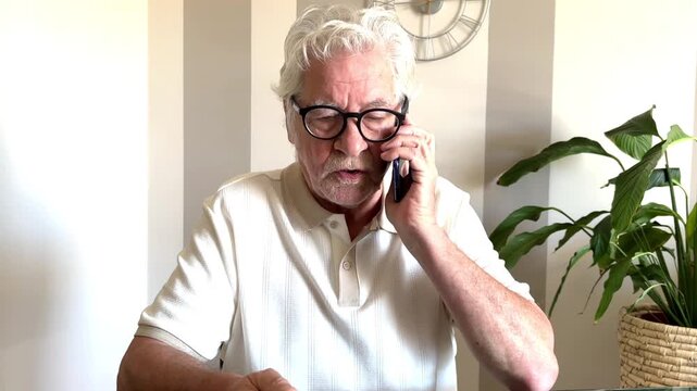 A senior man with gray hair and glasses engages in an intense phone conversation. He gestures animatedly, conveying concern and perhaps frustration while communicating important information on his mob