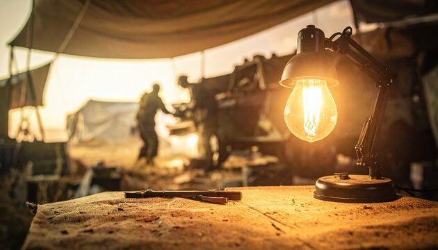 Military mechanics working diligently on a damaged vehicle under a makeshift desert canvas canopy at sunset with a warm glowing light illuminating the foreground workshop table area.