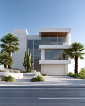 Modern home daytime sunny cactus palm tree glass facade white exterior minimalist high fidelity
