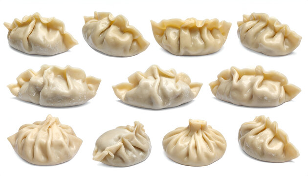 Assortment of uncooked Asian dumplings and khinkali with various dough pleating styles isolated on a clean white background showcasing traditional culinary preparation