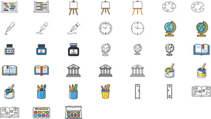 Fototapeta premium 29 Minimalist Education and Art Vector Icon Set featuring Easel, Palette, Globe, Library, and School Supplies. Hand-Traced Line Art Bundle with Editable Stroke and Adjustable Line Weight.