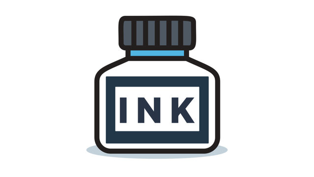 Fountain Pen Ink Bottle Vector Icon Illustration. Modern Flat Design of a Small Glass Inkwell with Black Cap and Label for Stationery and Writing Themes. Editable Stroke Vector Graphics.
