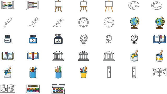 29 Minimalist Education and Art Vector Icon Set featuring Easel, Palette, Globe, Library, and School Supplies. Hand-Traced Line Art Bundle with Editable Stroke and Adjustable Line Weight.