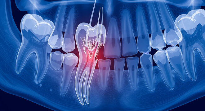 Dental X-Ray of Tooth with Intense Inflammation: Capturing the intricate structure and internal state of a tooth, revealing signs of decay and inflammation within the root and surrounding tissues.