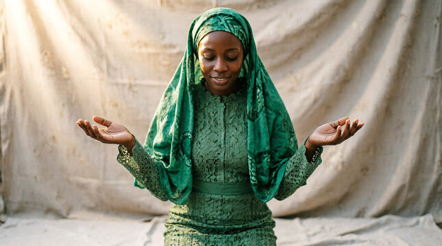 Emotional African woman praying in green gele with faith and spiritual grace.