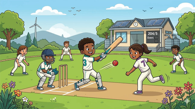 diverse group of children playing cricket on a green field with school building and wind turbine background vector illustration