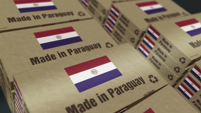 Made in Paraguay box production line. Paraguayan export import Cardboard pack factory. Abstract concept 3d loopable seamless animation.