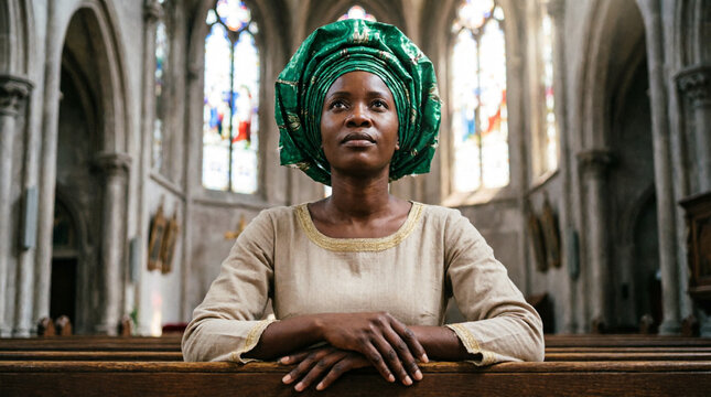 Emotional African woman praying in green gele with faith and spiritual grace.
