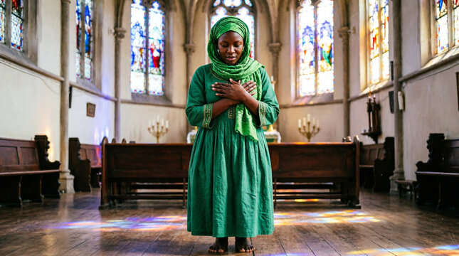 Emotional African woman praying in green gele with faith and spiritual grace.