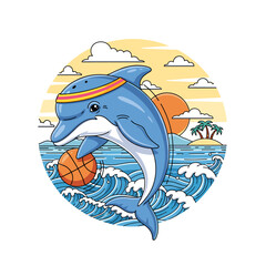 Naklejka premium Cute Dolphin Playing Basketball in Ocean Waves Sunset Illustration