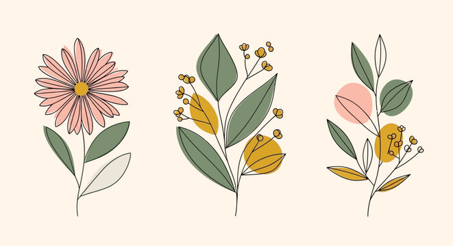 Minimalist Botanical Floral Line Art Set with Soft Pastel Accents