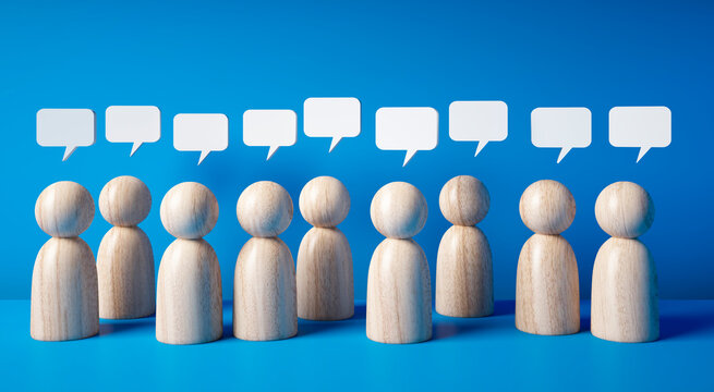 Group of wooden figurines in a row with speech bubbles above, on blue background - 3D illustration of teamwork and discussion