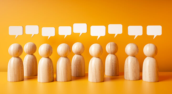 Group of wooden figurines in a row with speech bubbles above, on yellow background - 3D illustration