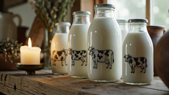 Milk bottles with cow labels sit on a rustic table indoors.
