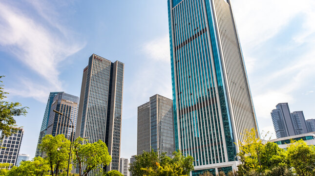 Hangzhou, China - September 30 2025 multi-storey building skyscraper architecture city, modern buildings with glass facades
