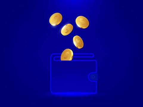 Modern e-wallet with glowing currency, financial technology for digital savings and asset management on dark blue background.