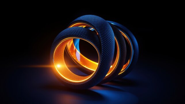 Stacked tires glow with vibrant orange light. Dark background emphasizes dramatic illumination, creating futuristic feel.