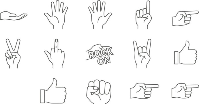 Set of simple black line art hand gesture vector graphic icons collection