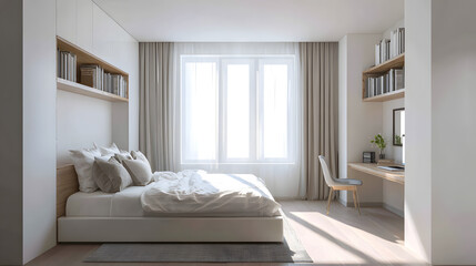 Fototapeta premium A bright, inviting bedroom, featuring minimalist design elements and a modern, airy aesthetic, promoting peace and comfort.