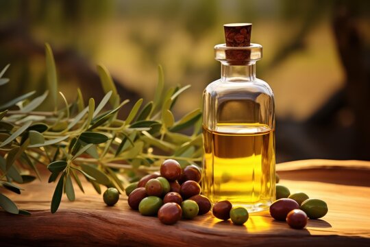 Glass bottle of golden olive oil with fresh olives and olive branch on a rustic wooden surface, illuminated by warm sunlight