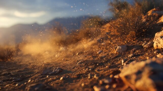 Soil and rocks in motion, capturing dust particles and grains floating in the air. 