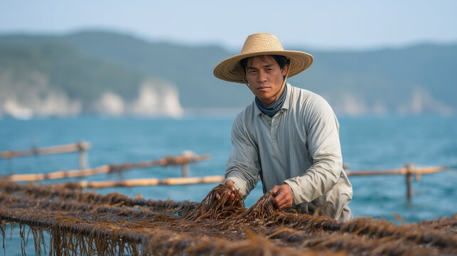 seaweed farmer in wide-brimmed hat harvesting kelp from rope lines strung between bamboo poles in turquoise bay, sustainable aquaculture, coastal food production, sea vegetable cultivation, Philippi