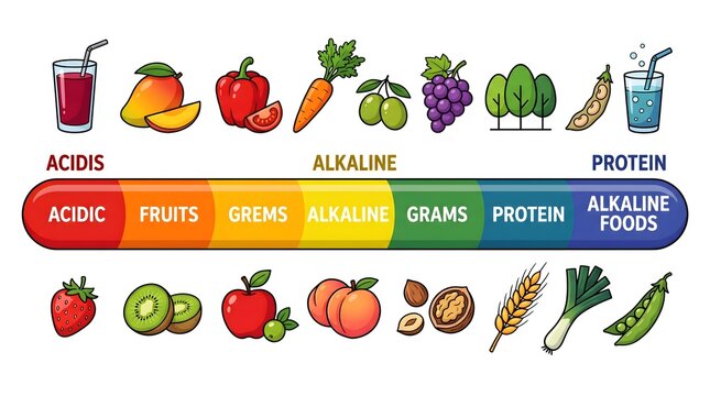 Colorful Cartoon Healthy Food pH Scale Alkaline Acidic Protein Nutrition Diet Infographic Illustration