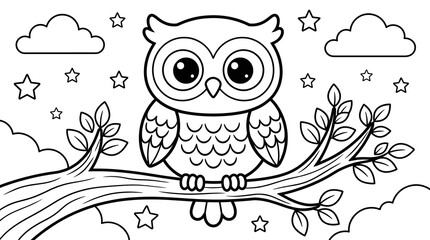 Fototapeta premium Simple Line Art Owl on Branch with Stars and Clouds Coloring Page