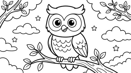Fototapeta premium Black and White Outline Cute Cartoon Owl on Tree Branch Illustration