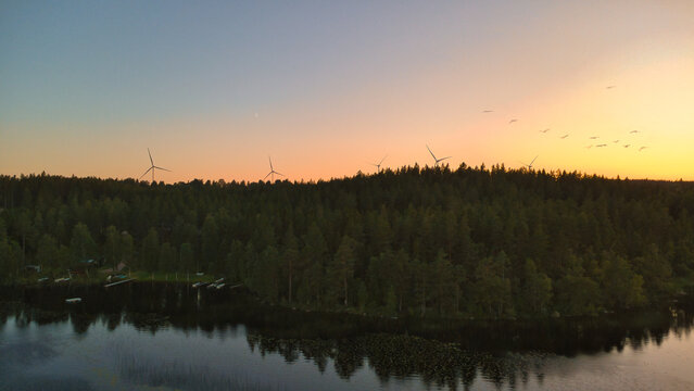 Wind Turbines Above a Forest Near a Lake at Sunset with Birds in the Sky