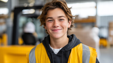 Fototapeta premium High school student in safety vest shadowing warehouse supervisor operating forklift, logistics apprenticeship program, career pathway, vocational training, supply chain workforce development, youth