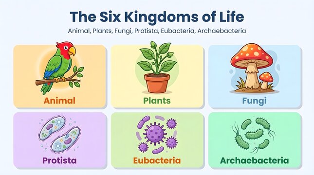Illustrated Detailed Six Kingdoms of Life with Animal Plant Fungi Protista Eubacteria Archaebacteria
