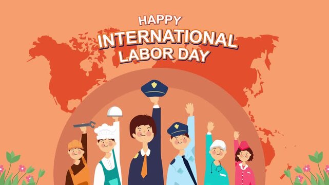 International Labor Day 4k animation with cartoon vector of workers raising their hands up as a labor symbol. Labor Day for social media stories and advertisements.