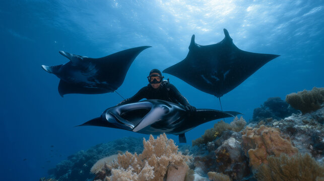 scuba diver hovering motionless above coral bommie as three manta rays circle, small cleaner wrasse darting near gill slits, cleaning station behavior, Indo-Pacific reef system, underwater wildlife,