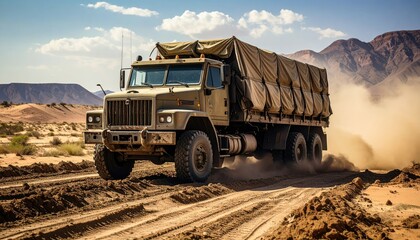 Obraz premium A heavily laden military transport truck moving through deep mud in a remote desert landscape during a tactical supply mission.