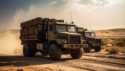 Obraz premium Heavy duty tactical military trucks loaded with ammunition crates parked on a dusty dirt road in the desert, reflecting modern logistics and operational readiness in arid environments.