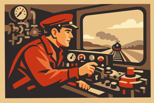 Vintage Style Vector Illustration of a Focused Train Engineer in a Red Uniform and Cap Operating the Control Panel Inside a Locomotive Cab with a Steam Engine Approaching on the Tracks