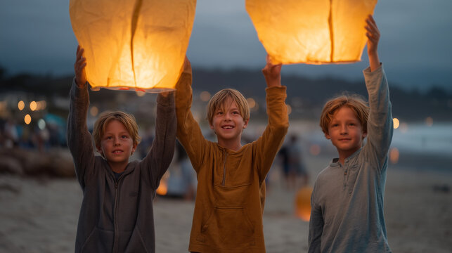 children releasing paper lanterns at summer solstice bonfire on beach at dusk, faces glowing orange, longest day tradition, coastal ritual, northern hemisphere celebration, barefoot summer, seasonal