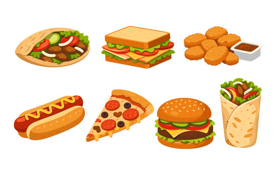 Collection of Popular Fast Food Items Including Pita Bread, Club Sandwich, Crispy Chicken Nuggets with Sauce, Hot Dog with Mustard, Pepperoni Pizza Slice, Cheeseburger, and Burrito Wrap Illustration