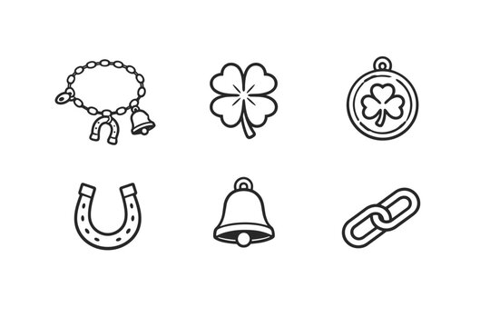 Good Luck Charm and Jewelry Line Icons Set Featuring a Charm Bracelet with Horseshoe and Bell, Four-Leaf Clover, Shamrock Medallion, Horseshoe, Bell, and Chain Links for Irish Holiday Designs.