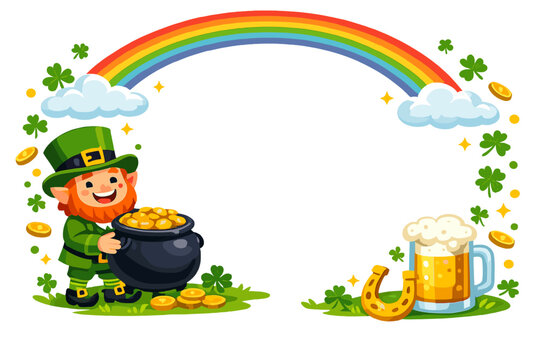 St. Patrick's Day Greeting Card with Leprechaun Holding a Pot of Gold, Rainbow, Beer Mug, Horseshoe, and Shamrocks. Festive Irish Holiday Poster with Copy Space on White Background Vector Graphic