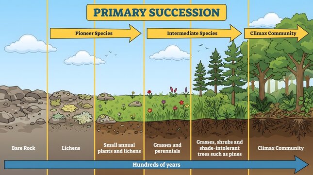 Colorful Illustrated Primary Succession Stages Diagram Depicting Ecological Development