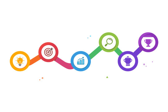 Colorful Business Infographic Template with Zigzag Line and 6 Circles for Process Flow, Timeline, and Strategy. Flat Vector Illustration with Icons for Idea, Goal, Growth, Analysis, and Success.