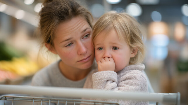 Toddler in a grocery cart reaches up to wipe a tear from her exhausted mother's cheek, mother managing a moment of raw emotion mid-aisle, single parent vulnerability, child instinct care, emotional 