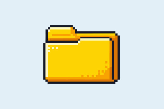 Retro pixel art folder icon in 8-bit style. Digital directory and file storage symbol for data organization and computer interface design. Vintage gaming aesthetic yellow folder illustration.